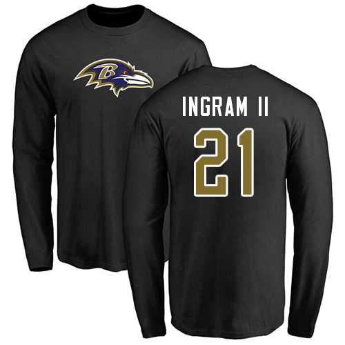 Men Baltimore Ravens Black Mark Ingram II Name and Number Logo NFL Football #21 Long Sleeve T Shirt